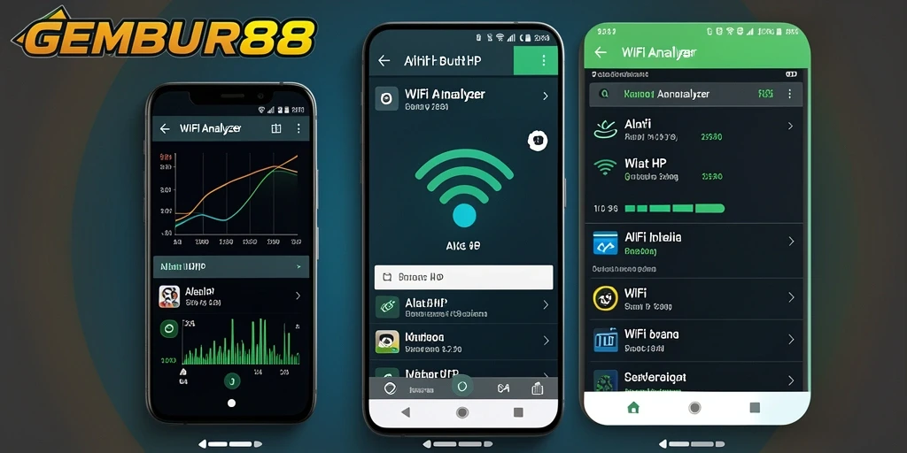 Tampilan antarmuka aplikasi GEMBUR88 yang menunjukkan analisis jaringan WiFi.